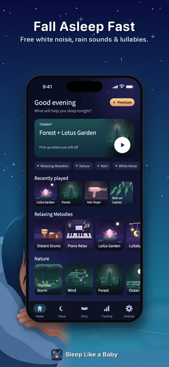 Sleep Like a Baby home screen: tonight's sounds in one tap